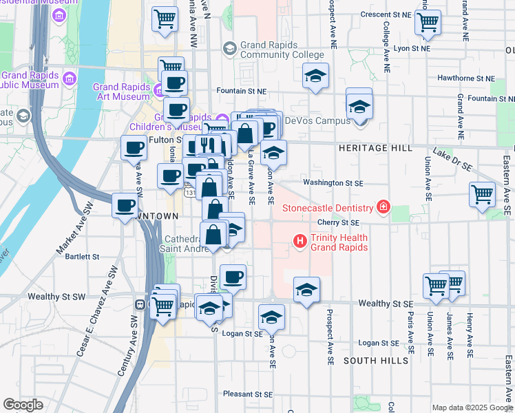 map of restaurants, bars, coffee shops, grocery stores, and more near 120 La Grave Avenue Southeast in Grand Rapids