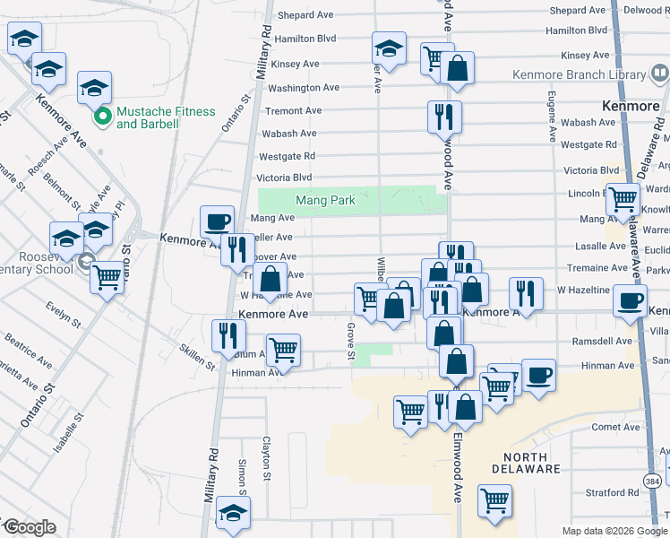 map of restaurants, bars, coffee shops, grocery stores, and more near 385 Tremaine Avenue in Kenmore