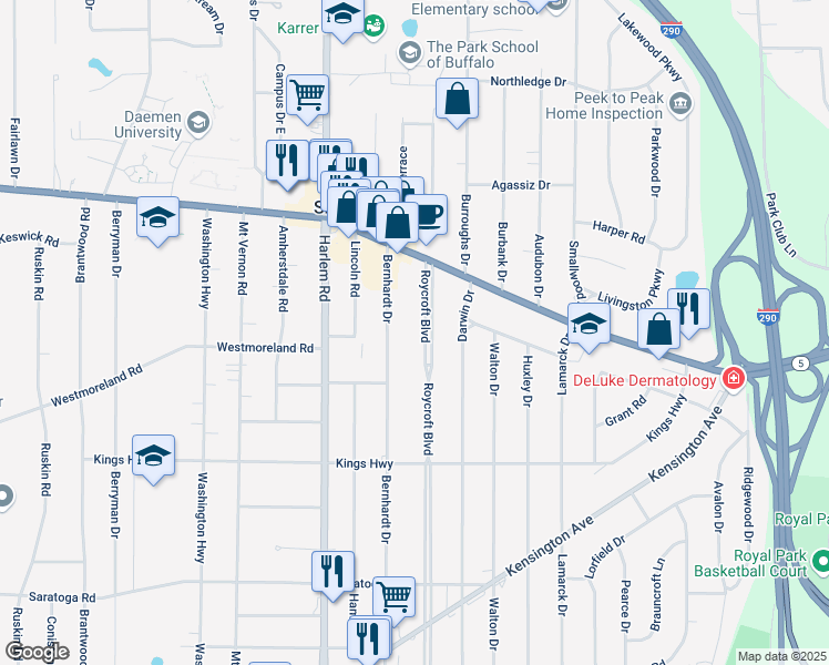 map of restaurants, bars, coffee shops, grocery stores, and more near 79 Roycroft Boulevard in Buffalo
