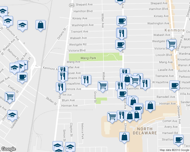 map of restaurants, bars, coffee shops, grocery stores, and more near 367 Tremaine Avenue in Buffalo