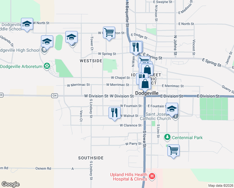 map of restaurants, bars, coffee shops, grocery stores, and more near 101 South Level Street in Dodgeville