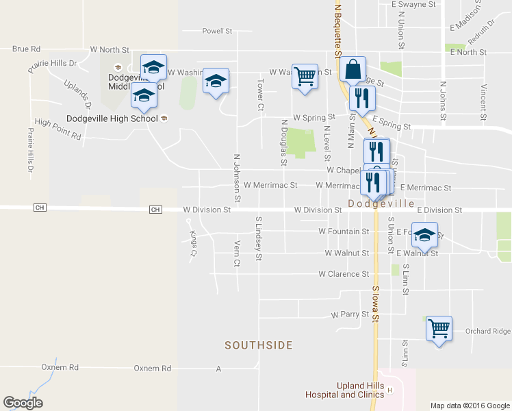 map of restaurants, bars, coffee shops, grocery stores, and more near 502 W Division St in Dodgeville