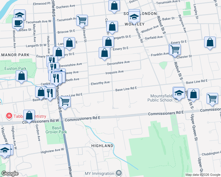 map of restaurants, bars, coffee shops, grocery stores, and more near 132 Base Line Road East in London