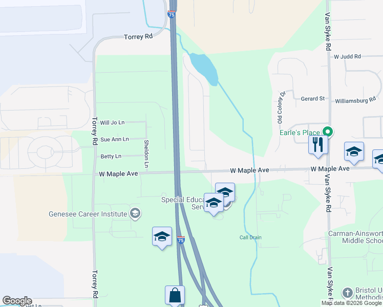 map of restaurants, bars, coffee shops, grocery stores, and more near 4496 Rainbow Lane in Flint