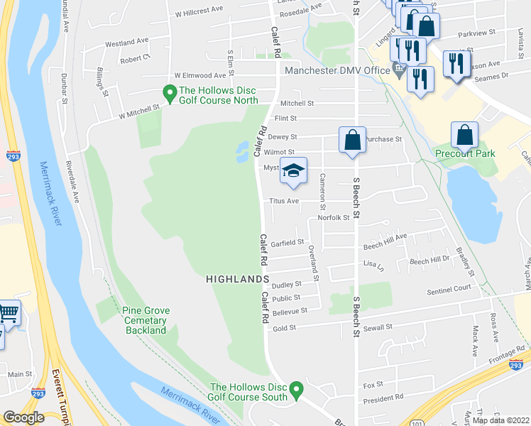 map of restaurants, bars, coffee shops, grocery stores, and more near 535 Calef Road in Manchester