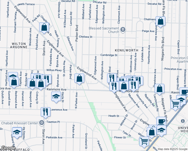 map of restaurants, bars, coffee shops, grocery stores, and more near 401 Englewood Avenue in Erie County