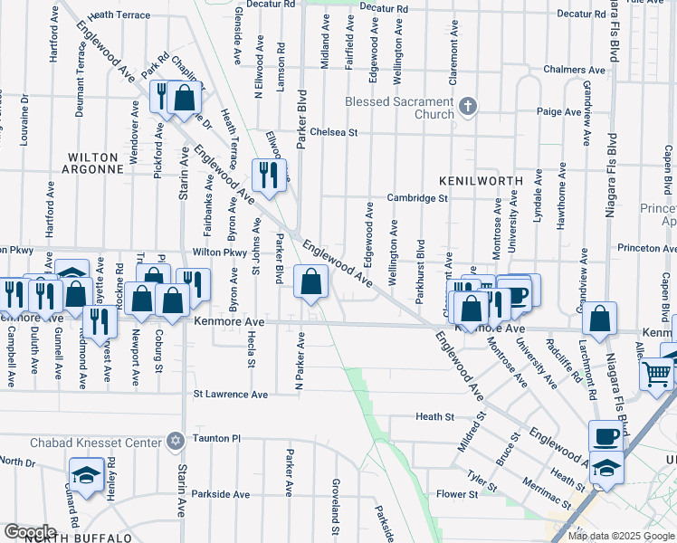 map of restaurants, bars, coffee shops, grocery stores, and more near 60 Fairfield Avenue in Buffalo