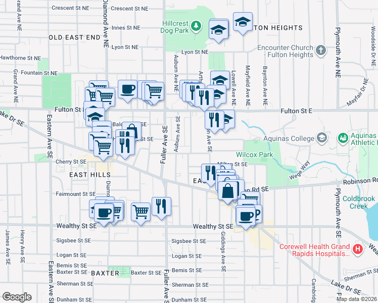 map of restaurants, bars, coffee shops, grocery stores, and more near 1242 Hope Street Southeast in Grand Rapids