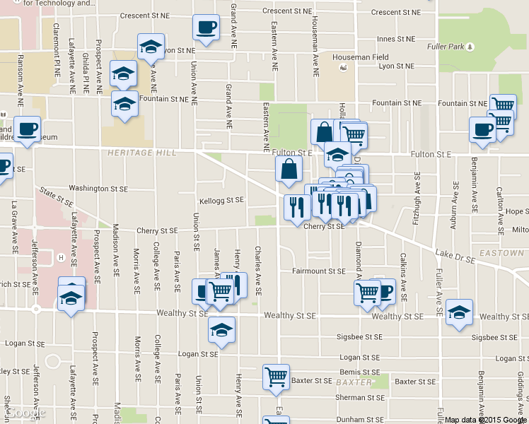 map of restaurants, bars, coffee shops, grocery stores, and more near in Grand Rapids