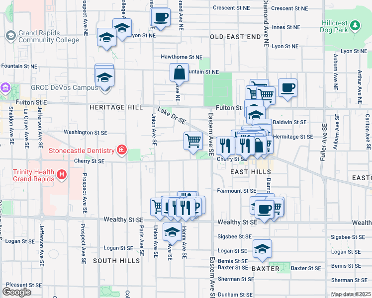 map of restaurants, bars, coffee shops, grocery stores, and more near 123 Packard Avenue Southeast in Grand Rapids
