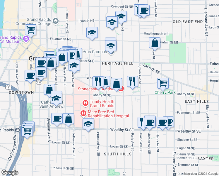 map of restaurants, bars, coffee shops, grocery stores, and more near in Grand Rapids