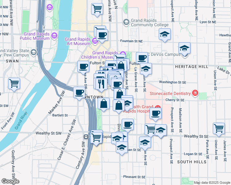map of restaurants, bars, coffee shops, grocery stores, and more near 172 South Division Avenue in Grand Rapids