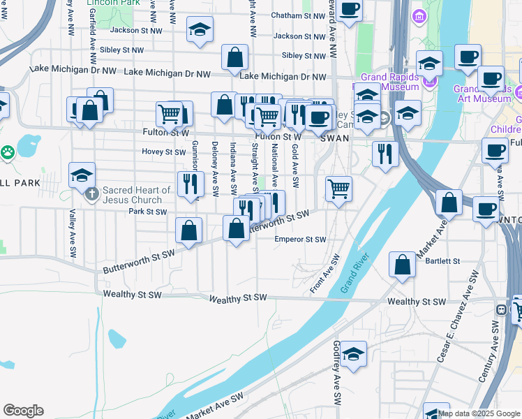 map of restaurants, bars, coffee shops, grocery stores, and more near 803 Park Street Southwest in Grand Rapids