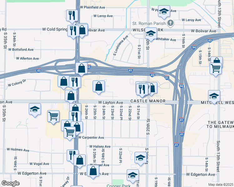 map of restaurants, bars, coffee shops, grocery stores, and more near 4630 South 23rd Street in Milwaukee
