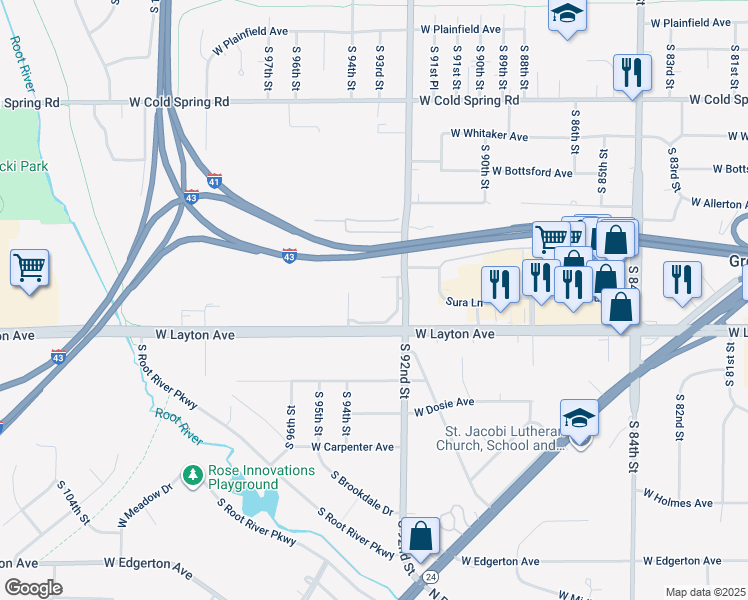 map of restaurants, bars, coffee shops, grocery stores, and more near 9200 West Layton Avenue in Greenfield