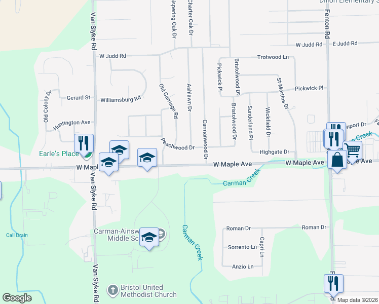 map of restaurants, bars, coffee shops, grocery stores, and more near 1317 Peachwood Drive in Flint