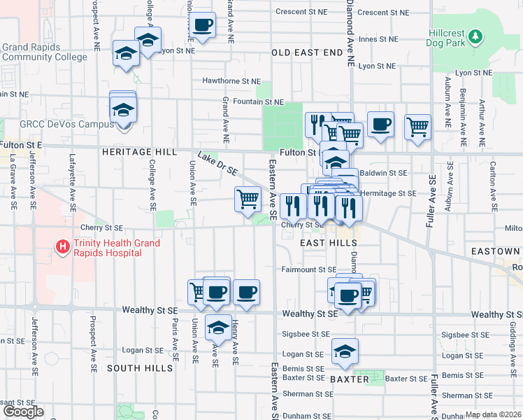 map of restaurants, bars, coffee shops, grocery stores, and more near in Grand Rapids