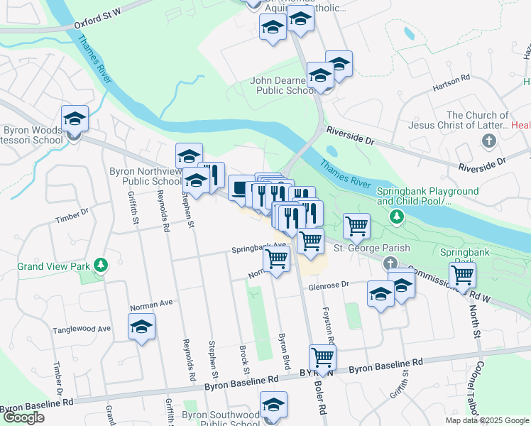 map of restaurants, bars, coffee shops, grocery stores, and more near 1291 Commissioners Road West in London