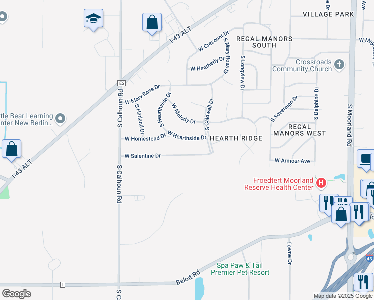 map of restaurants, bars, coffee shops, grocery stores, and more near 16780 West Salentine Drive in New Berlin