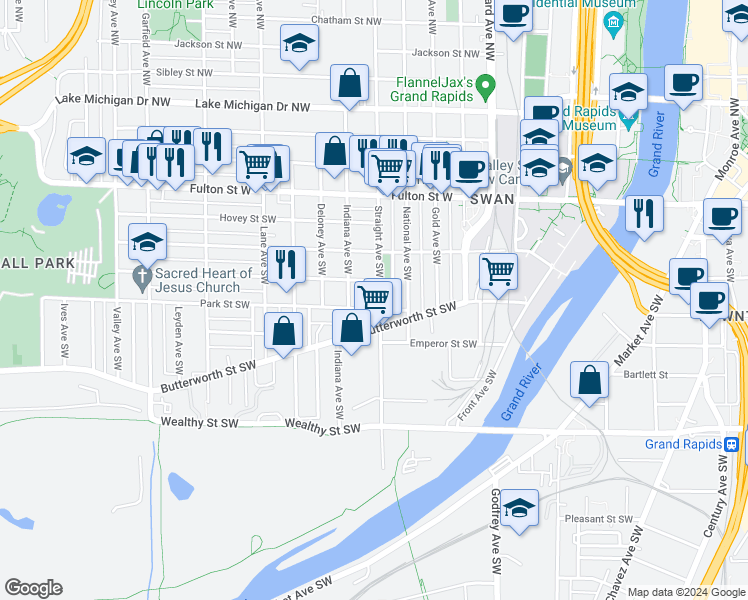 map of restaurants, bars, coffee shops, grocery stores, and more near 151 Straight Avenue Southwest in Grand Rapids