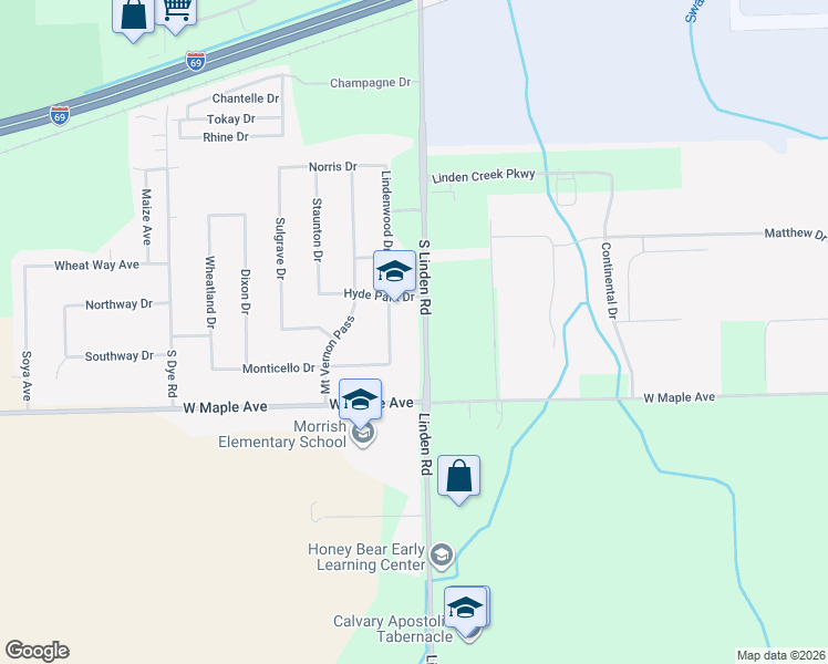 map of restaurants, bars, coffee shops, grocery stores, and more near 4458 Linden Road in Swartz Creek