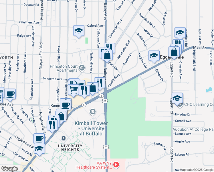 map of restaurants, bars, coffee shops, grocery stores, and more near 3879 Bailey Avenue in Buffalo