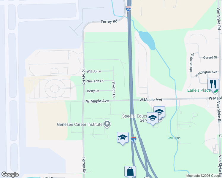 map of restaurants, bars, coffee shops, grocery stores, and more near 2441 Betty Lane in Flint