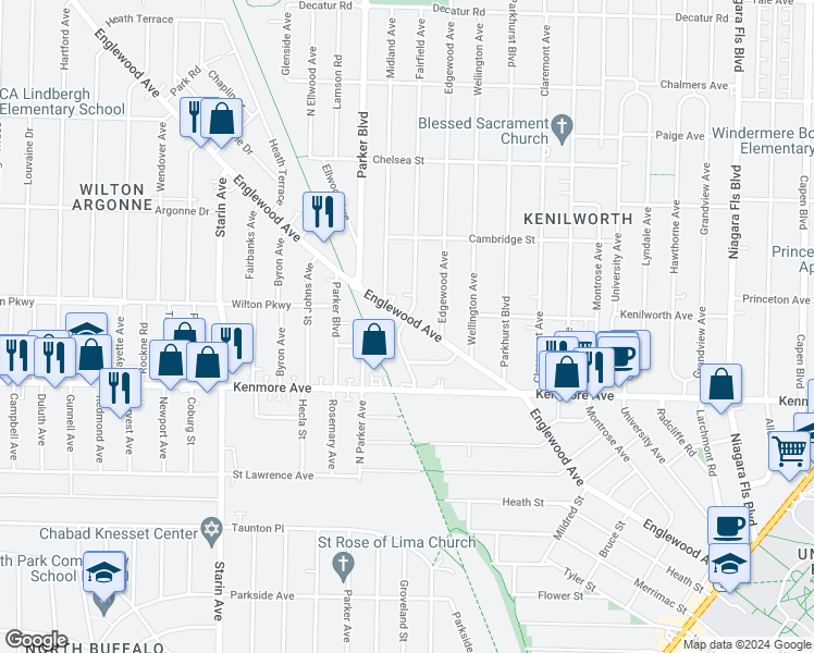 map of restaurants, bars, coffee shops, grocery stores, and more near 430 Englewood Avenue in Buffalo