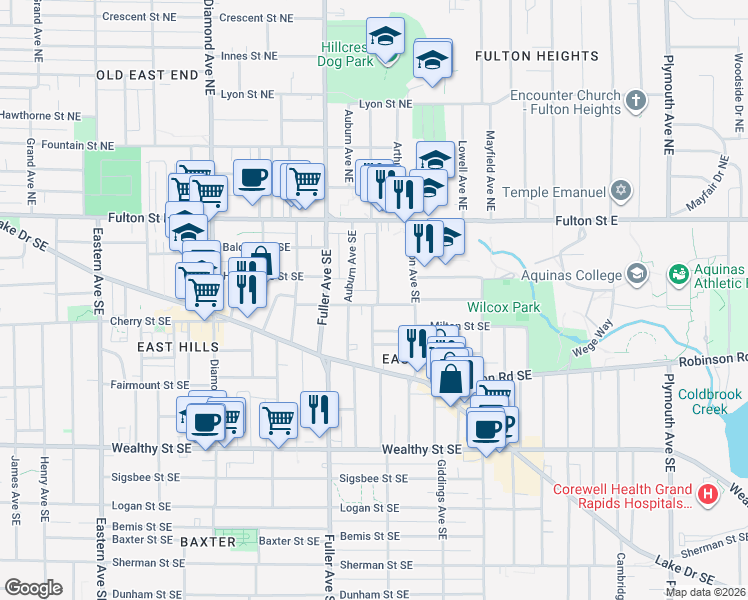 map of restaurants, bars, coffee shops, grocery stores, and more near 1242 Hope Street Southeast in Grand Rapids