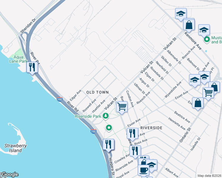 map of restaurants, bars, coffee shops, grocery stores, and more near 1175 Tonawanda Street in Buffalo