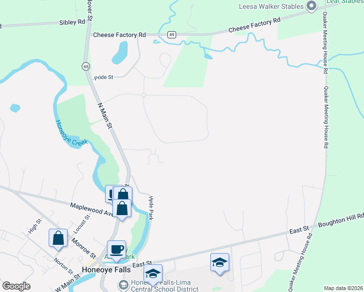 map of restaurants, bars, coffee shops, grocery stores, and more near 65 Village Trail in Honeoye Falls