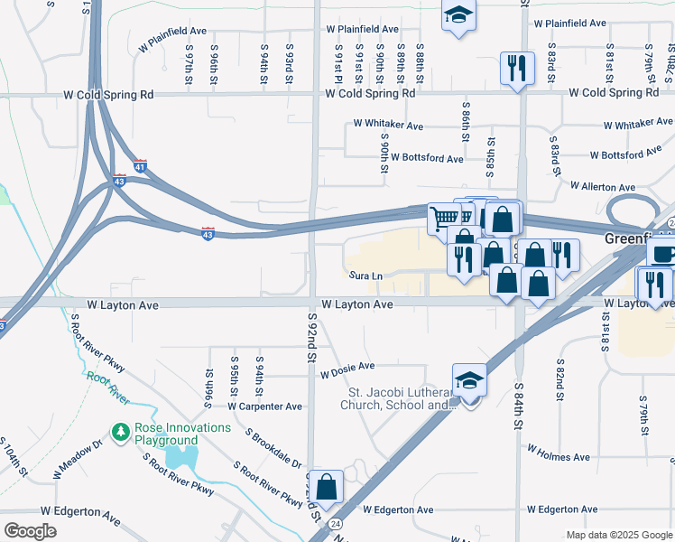 map of restaurants, bars, coffee shops, grocery stores, and more near 9125 Sura Lane in Greenfield