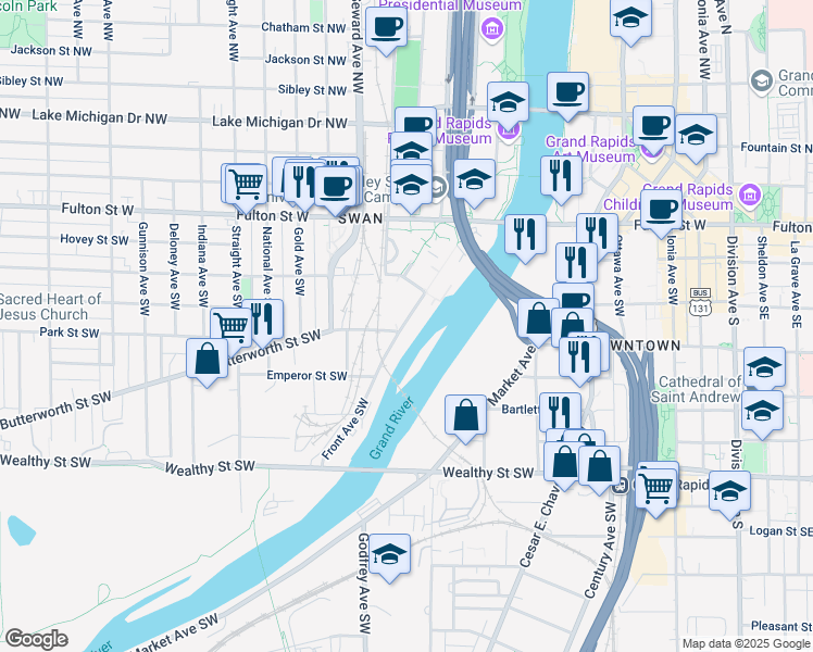 map of restaurants, bars, coffee shops, grocery stores, and more near 120 Front Avenue Southwest in Grand Rapids