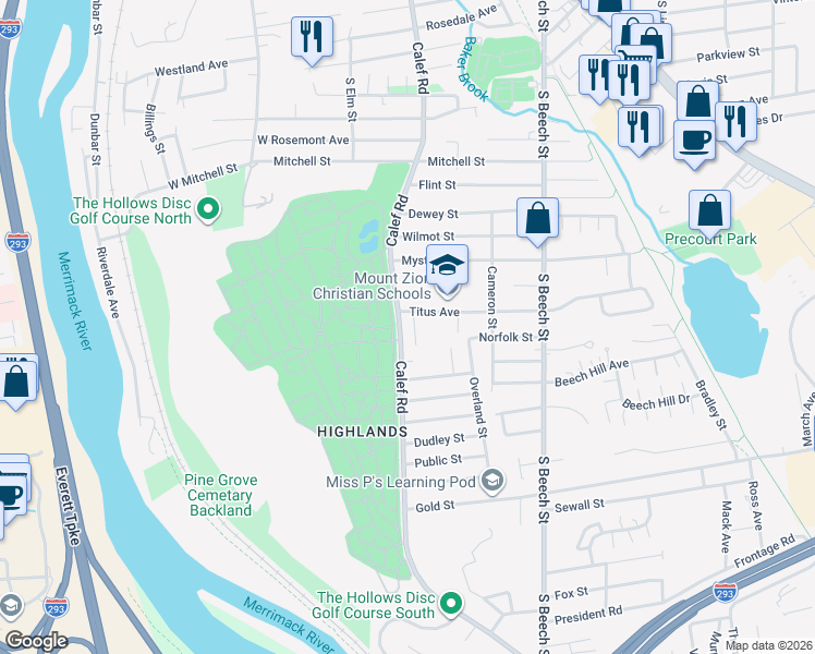 map of restaurants, bars, coffee shops, grocery stores, and more near 535 Calef Road in Manchester