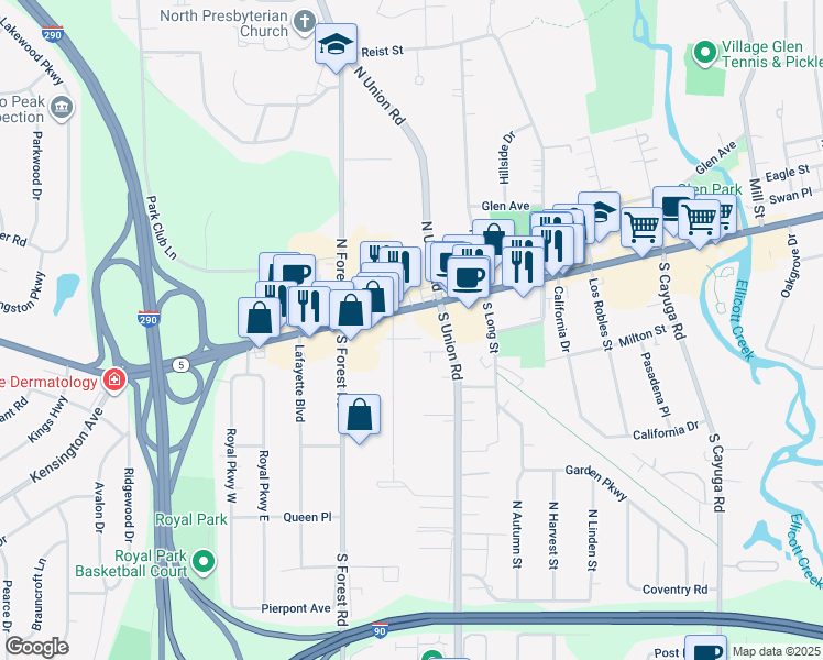 map of restaurants, bars, coffee shops, grocery stores, and more near 23 Plymouth Place in Buffalo