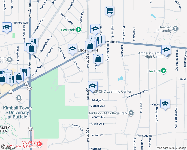 map of restaurants, bars, coffee shops, grocery stores, and more near 36 University Court in Buffalo
