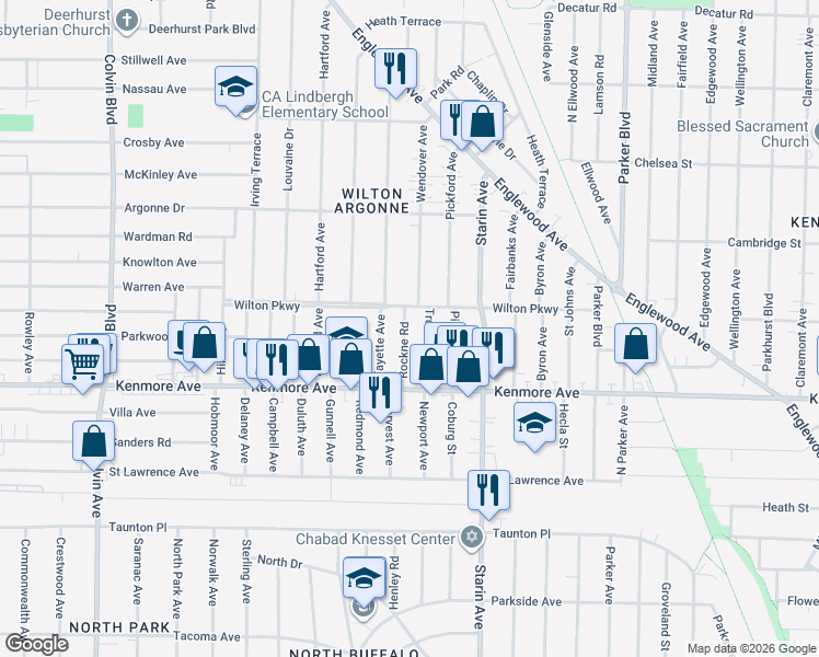 map of restaurants, bars, coffee shops, grocery stores, and more near 54 Truesdale Road in Buffalo