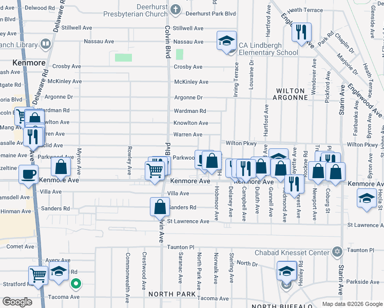 map of restaurants, bars, coffee shops, grocery stores, and more near 349 Parkwood Avenue in Buffalo
