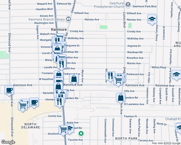 map of restaurants, bars, coffee shops, grocery stores, and more near 147 Parkwood Avenue in Buffalo
