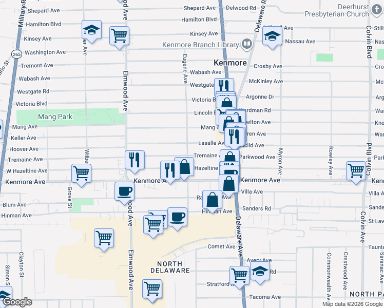 map of restaurants, bars, coffee shops, grocery stores, and more near 86 Tremaine Avenue in Buffalo