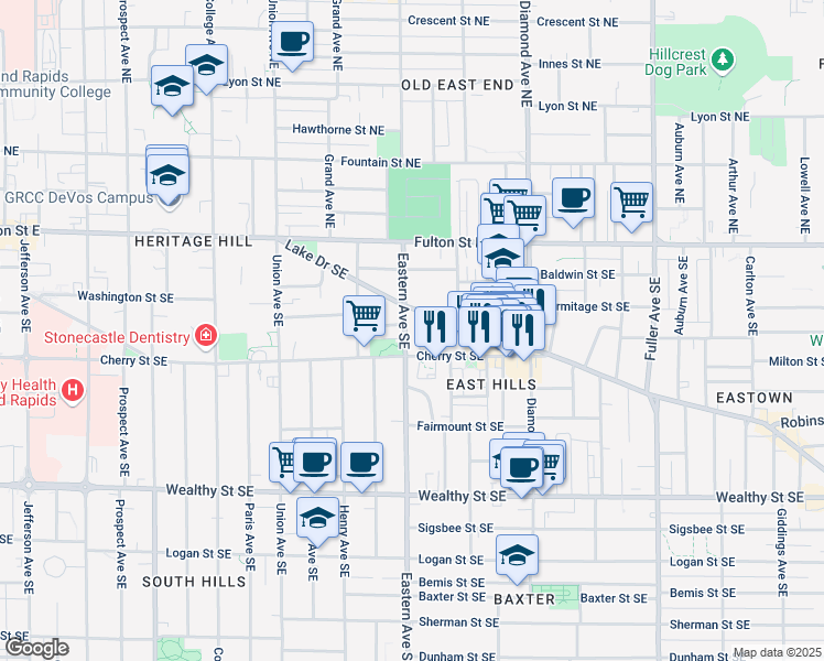 map of restaurants, bars, coffee shops, grocery stores, and more near 123 Abney Avenue Southeast in Grand Rapids