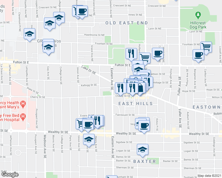 map of restaurants, bars, coffee shops, grocery stores, and more near in Grand Rapids