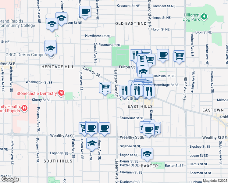 map of restaurants, bars, coffee shops, grocery stores, and more near in Grand Rapids
