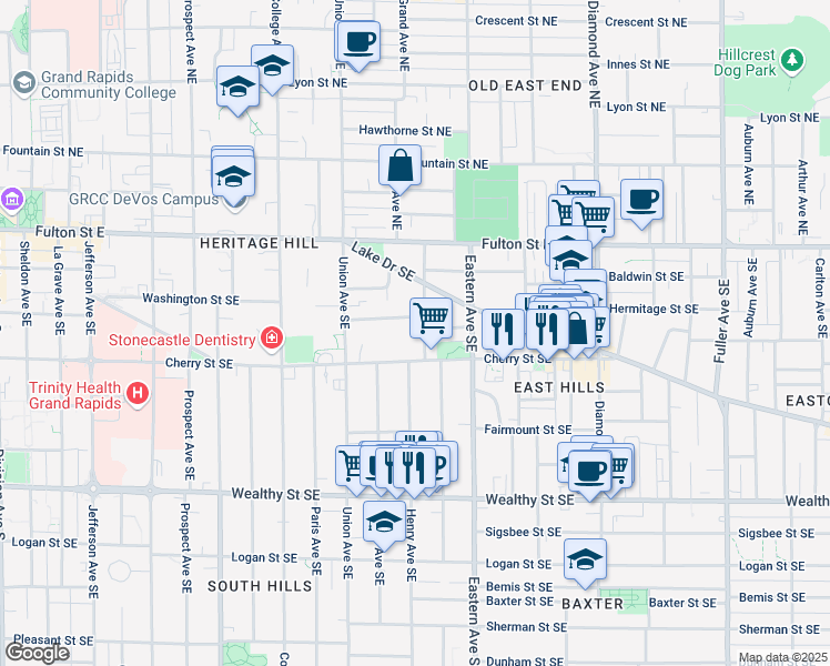 map of restaurants, bars, coffee shops, grocery stores, and more near 123 Packard Avenue Southeast in Grand Rapids