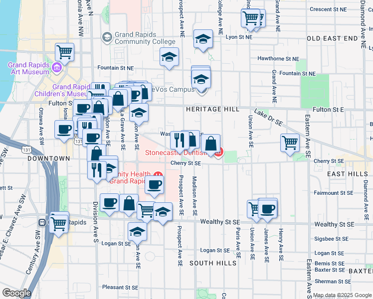 map of restaurants, bars, coffee shops, grocery stores, and more near 340 State Street Southeast in Grand Rapids