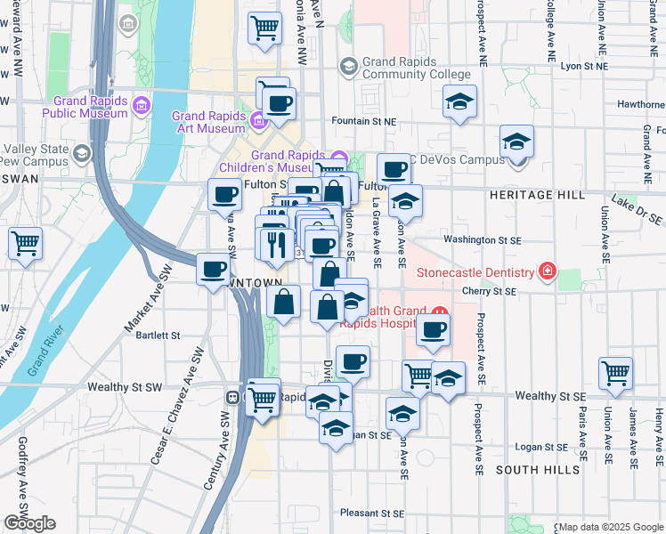 map of restaurants, bars, coffee shops, grocery stores, and more near 172 South Division Avenue in Grand Rapids