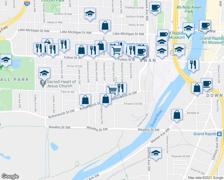 map of restaurants, bars, coffee shops, grocery stores, and more near 803 Park Street Southwest in Grand Rapids
