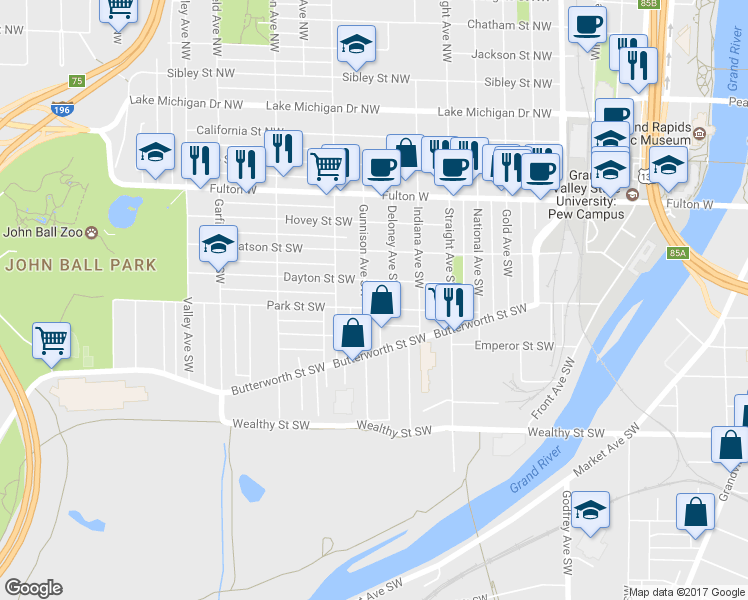 map of restaurants, bars, coffee shops, grocery stores, and more near 911 Park Street Southwest in Grand Rapids