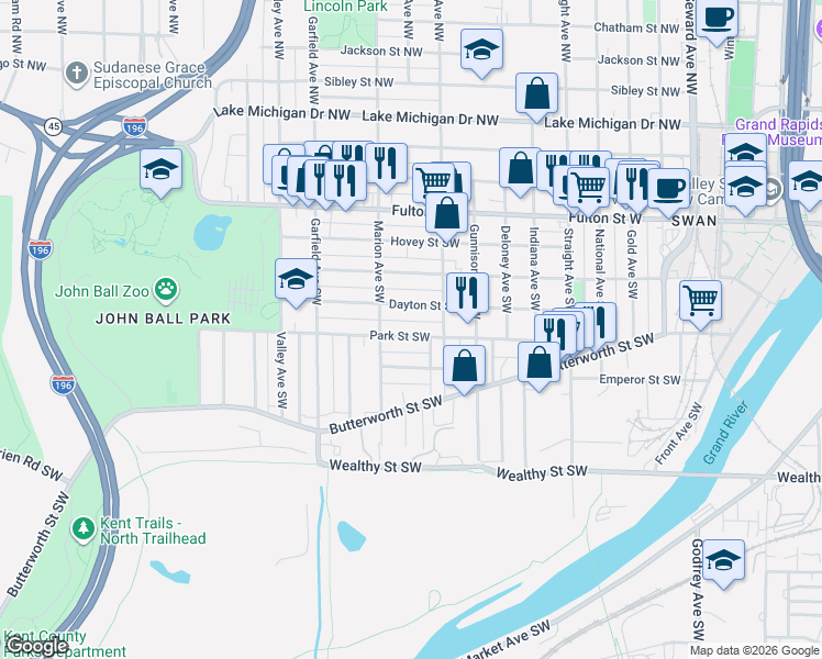 map of restaurants, bars, coffee shops, grocery stores, and more near 1028 Park Street Southwest in Grand Rapids