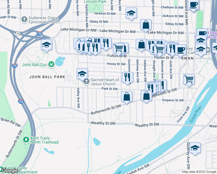 map of restaurants, bars, coffee shops, grocery stores, and more near 1028 Park Street Southwest in Grand Rapids